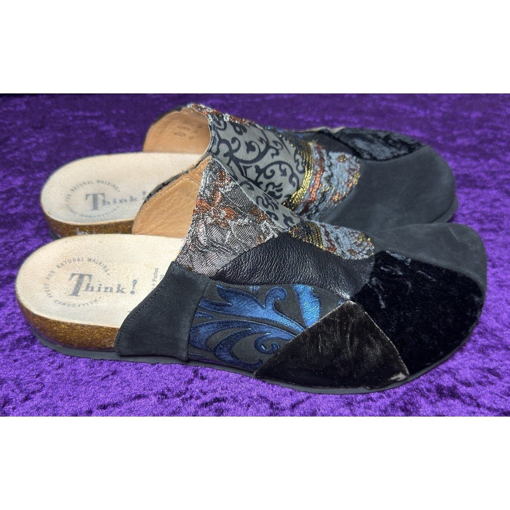 Vtg Think Patchwork Clogs Womens 42 Leather Boho Walking Y2K Lagenlook Bohemian‎